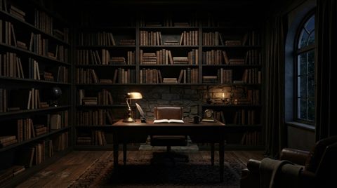 Photorealistic photo of a home study room with bookshelves, wide shot with open space at the top for text, moody dark tones, dramatic lighting, 16:9 aspect ratio