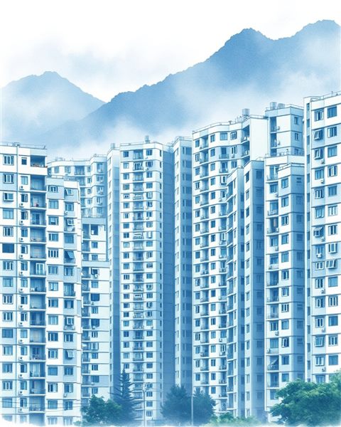 Watercolor illustration of Dense high-rise apartment buildings tightly packed against a misty mountain background, wide shot with open space at the top for text, cool blue tones, quiet atmosphere, 4:5 aspect ratio