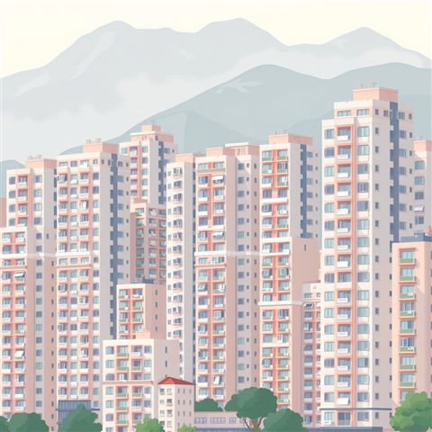 Minimal flat illustration of Dense high-rise apartment buildings tightly packed against a misty mountain background, close-up detail with shallow depth of field, soft pastel colors, bright and cozy, 1:1 aspect ratio