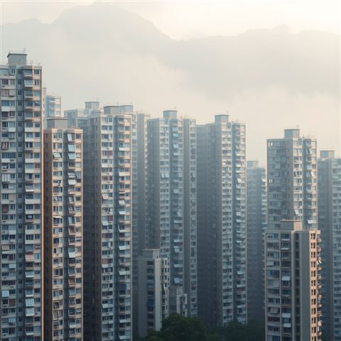 Soft 3D render of Dense high-rise apartment buildings tightly packed against a misty mountain background, close-up detail with shallow depth of field, misty morning haze, dreamy, 1:1 aspect ratio