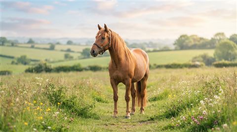 Photorealistic photo of horse in a meadow, centered subject with a simple uncluttered composition, soft pastel colors, bright and cozy, 16:9 aspect ratio