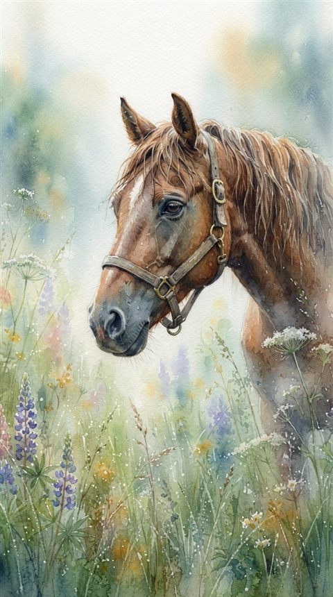 Watercolor illustration of horse in a meadow, close-up detail with shallow depth of field, misty morning haze, dreamy, 9:16 aspect ratio