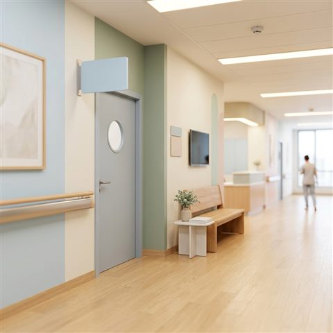 Soft 3d render of a clean modern hospital corridor, close-up detail with shallow depth of field, soft pastel colors, bright and cozy, 1:1 aspect ratio