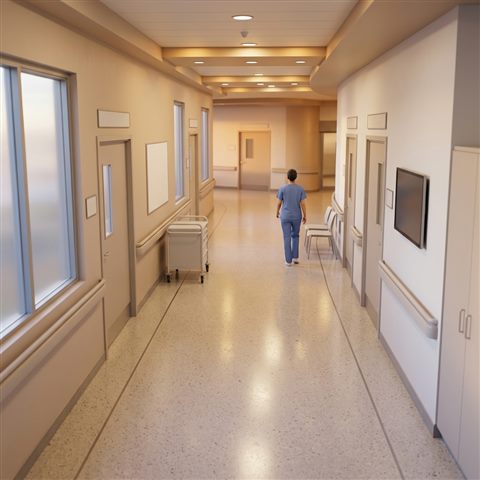 Soft 3d render of a clean modern hospital corridor, high-angle view from above, warm golden light, calm mood, 1:1 aspect ratio