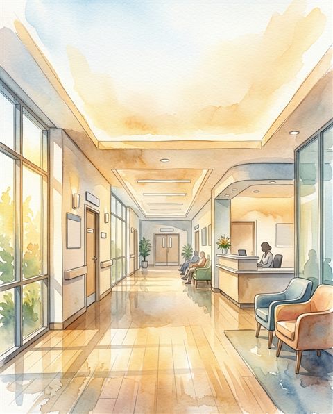 Watercolor illustration of a clean modern hospital corridor, wide shot with open space at the top for text, warm golden light, calm mood, 4:5 aspect ratio