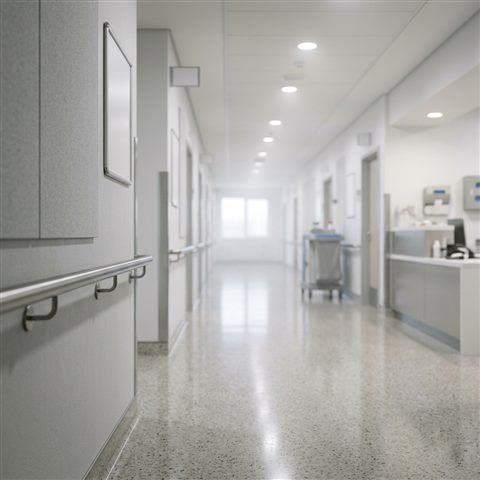 Photorealistic photo of a clean modern hospital corridor, close-up detail with shallow depth of field, misty morning haze, dreamy, 1:1 aspect ratio