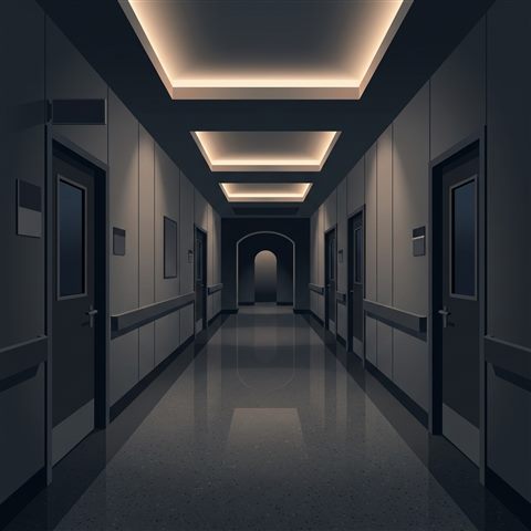 Minimal flat illustration of a clean modern hospital corridor, centered subject with a simple uncluttered composition, moody dark tones, dramatic lighting, 1:1 aspect ratio