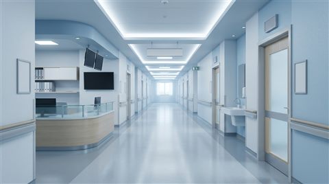Soft 3d render of a clean modern hospital corridor, centered subject with a simple uncluttered composition, cool blue tones, quiet atmosphere, 16:9 aspect ratio