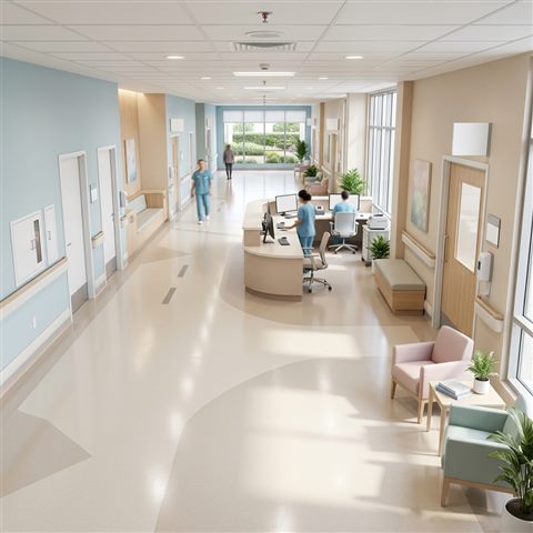 Photorealistic photo of a clean modern hospital corridor, high-angle view from above, soft pastel colors, bright and cozy, 1:1 aspect ratio