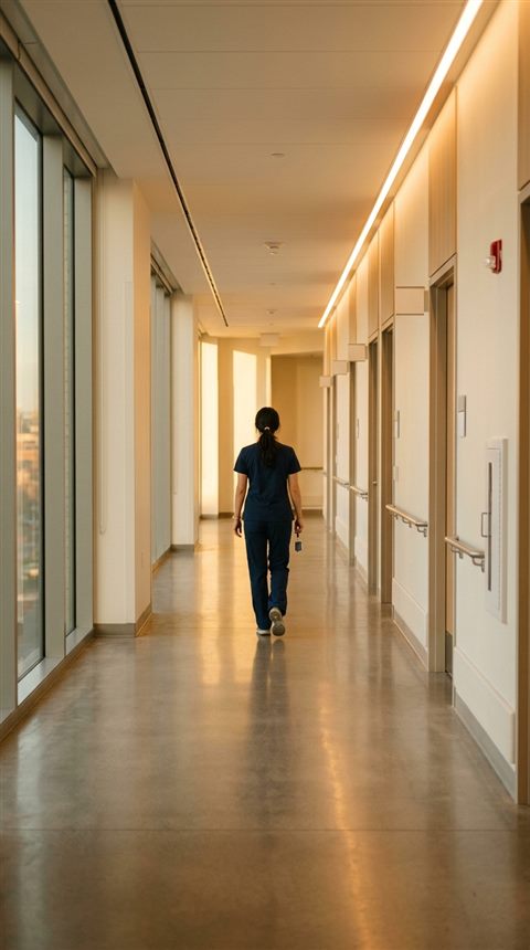 Cinematic film still of a clean modern hospital corridor, centered subject with a simple uncluttered composition, warm golden light, calm mood, 9:16 aspect ratio