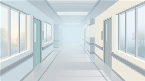 Minimal flat illustration of a clean modern hospital corridor, high-angle view from above, misty morning haze, dreamy, 16:9 aspect ratio