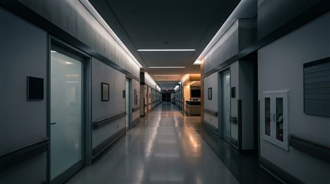 Photorealistic photo of a clean modern hospital corridor, wide shot with open space at the top for text, moody dark tones, dramatic lighting, 16:9 aspect ratio
