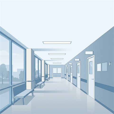 Minimal flat illustration of a clean modern hospital corridor, wide shot with open space at the top for text, cool blue tones, quiet atmosphere, 1:1 aspect ratio
