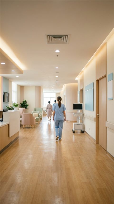 Cinematic film still of a clean modern hospital corridor, wide shot with open space at the top for text, soft pastel colors, bright and cozy, 9:16 aspect ratio
