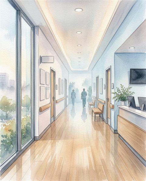 Watercolor illustration of a clean modern hospital corridor, centered subject with a simple uncluttered composition, misty morning haze, dreamy, 4:5 aspect ratio