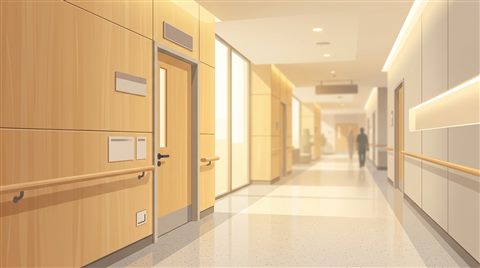Minimal flat illustration of a clean modern hospital corridor, close-up detail with shallow depth of field, warm golden light, calm mood, 16:9 aspect ratio