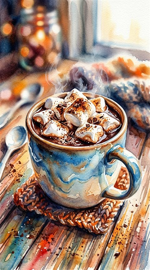 Watercolor illustration of mug of hot chocolate with marshmallows, close-up detail with shallow depth of field, vivid colors, high contrast, energetic, 9:16 aspect ratio