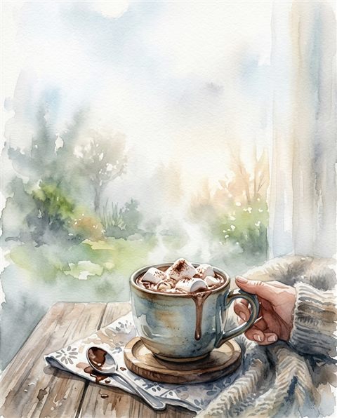 Watercolor illustration of mug of hot chocolate with marshmallows, wide shot with open space at the top for text, misty morning haze, dreamy, 4:5 aspect ratio