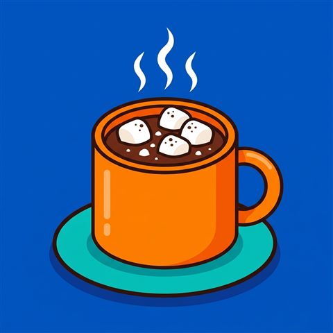 마시멜로가 올라간 핫초코, 미니멀 플랫 일러스트, 단순하고 깔끔한 구도 가운데 놓인 피사체, 선명한 색감, 강한 대비, 생동감 있는 분위기, 1:1 비율