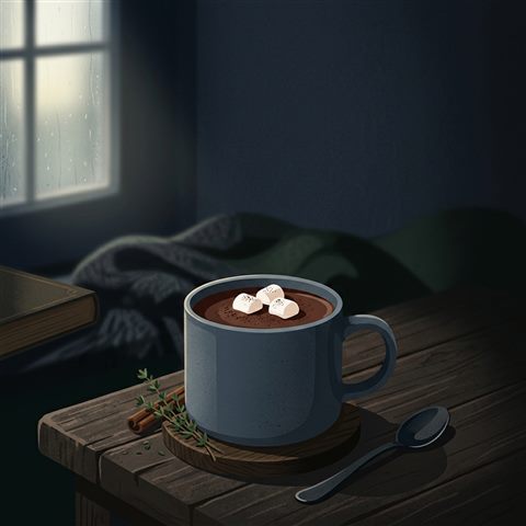 Minimal flat illustration of mug of hot chocolate with marshmallows, wide shot with open space at the top for text, moody dark tones, dramatic lighting, 1:1 aspect ratio