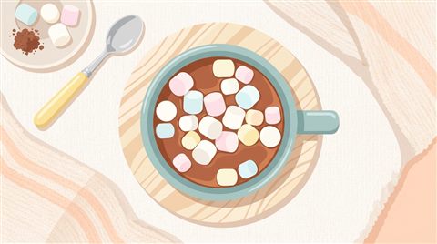 마시멜로가 올라간 핫초코, 미니멀 플랫 일러스트, 위에서 내려다본 구도, 부드러운 파스텔 색감, 밝고 포근한 분위기, 16:9 비율