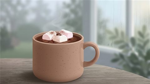 마시멜로가 올라간 핫초코, 미니멀 플랫 일러스트, 가까이 담은 디테일, 얕은 심도, 아침 안개, 몽환적인 분위기, 16:9 비율
