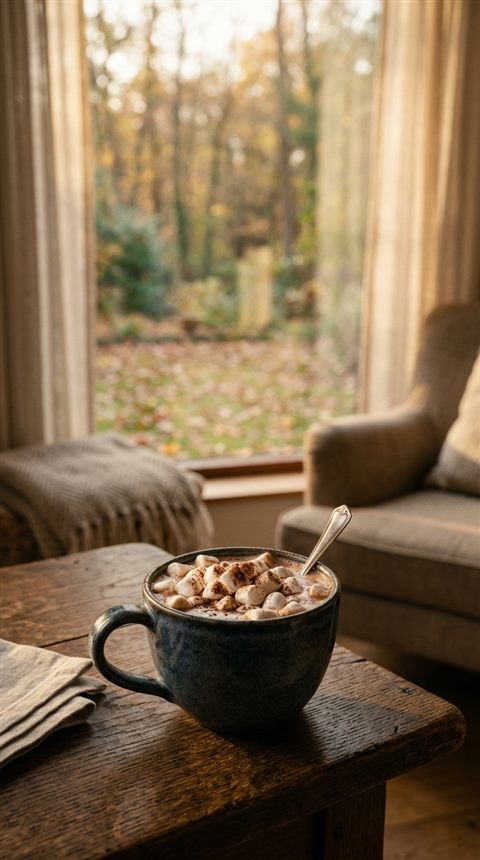 Cinematic film still of mug of hot chocolate with marshmallows, wide shot with open space at the top for text, warm golden light, calm mood, 9:16 aspect ratio