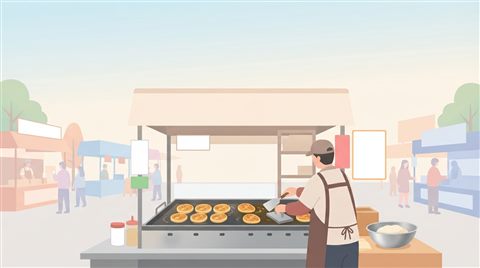 길거리 철판 위 달콤한 호떡, 미니멀 플랫 일러스트, 위쪽에 글자 넣을 여백이 있는 넓은 구도, 부드러운 파스텔 색감, 밝고 포근한 분위기, 16:9 비율