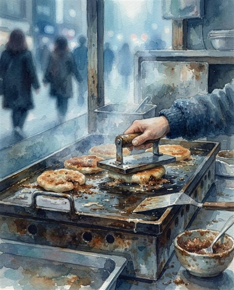길거리 철판 위 달콤한 호떡, 수채화 일러스트, 가까이 담은 디테일, 얕은 심도, 차가운 푸른 톤, 고요한 분위기, 4:5 비율