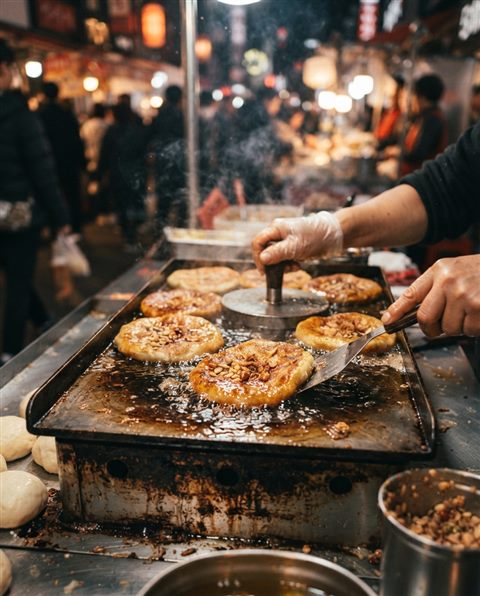 길거리 철판 위 달콤한 호떡, 시네마틱 영화 장면, 가까이 담은 디테일, 얕은 심도, 선명한 색감, 강한 대비, 생동감 있는 분위기, 4:5 비율