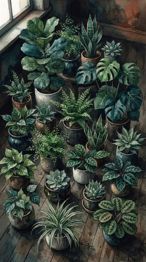 Watercolor illustration of houseplants in pots, high-angle view from above, moody dark tones, dramatic lighting, 9:16 aspect ratio