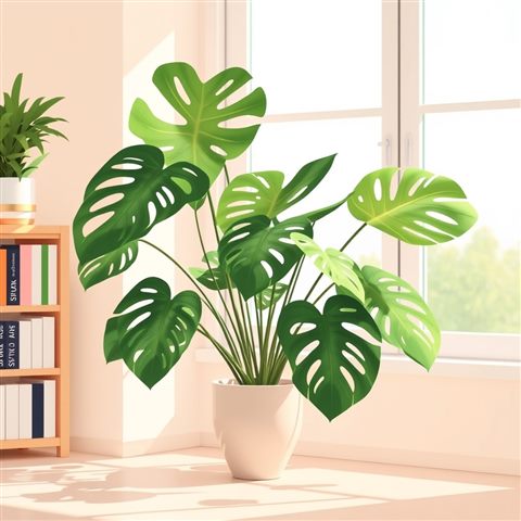 Minimal flat illustration of A lush green monstera plant in a ceramic pot placed by a sunny window., wide shot with open space at the top for text, soft pastel colors, bright and cozy, 1:1 aspect ratio