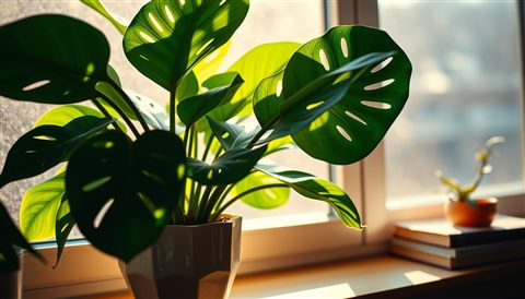 Cinematic film still of A lush green monstera plant in a ceramic pot placed by a sunny window., close-up detail with shallow depth of field, vivid colors, high contrast, energetic, 16:9 aspect ratio