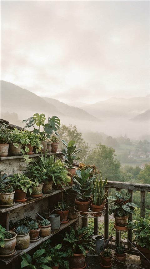 Cinematic film still of houseplants in pots, wide shot with open space at the top for text, misty morning haze, dreamy, 9:16 aspect ratio