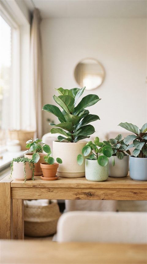 Cinematic film still of houseplants in pots, centered subject with a simple uncluttered composition, soft pastel colors, bright and cozy, 9:16 aspect ratio