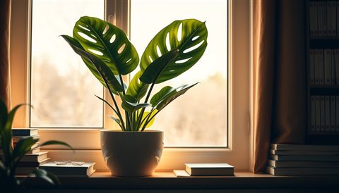Photorealistic photo of A lush green monstera plant in a ceramic pot placed by a sunny window., centered subject with a simple uncluttered composition, warm golden light, calm mood, 16:9 aspect ratio