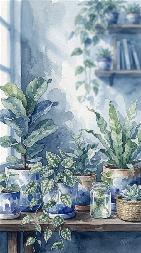 Watercolor illustration of houseplants in pots, close-up detail with shallow depth of field, cool blue tones, quiet atmosphere, 9:16 aspect ratio