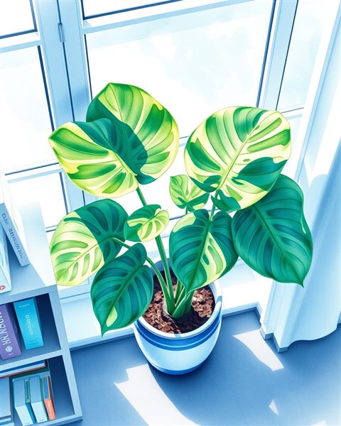 Watercolor illustration of A lush green monstera plant in a ceramic pot placed by a sunny window., high-angle view from above, cool blue tones, quiet atmosphere, 4:5 aspect ratio