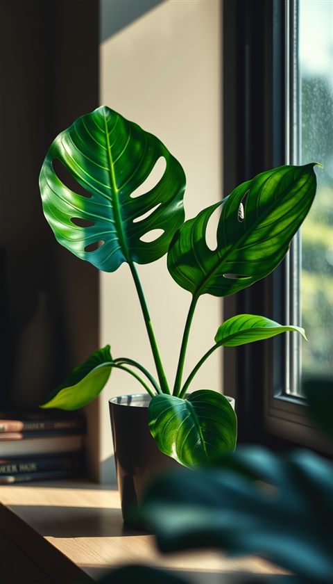 Photorealistic photo of A lush green monstera plant in a ceramic pot placed by a sunny window., close-up detail with shallow depth of field, moody dark tones, dramatic lighting, 9:16 aspect ratio