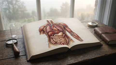 인체 장기 일러스트, 시네마틱 영화 장면, 위에서 내려다본 구도, 아침 안개, 몽환적인 분위기, 16:9 비율