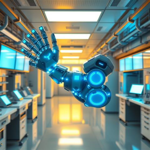 Photorealistic photo of A futuristic humanoid robotic arm with glowing blue circuits in a high-tech laboratory, wide shot with open space at the top for text, warm golden light, calm mood, 1:1 aspect ratio