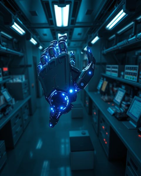 Photorealistic photo of A futuristic humanoid robotic arm with glowing blue circuits in a high-tech laboratory, high-angle view from above, moody dark tones, dramatic lighting, 4:5 aspect ratio