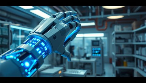 Cinematic film still of A futuristic humanoid robotic arm with glowing blue circuits in a high-tech laboratory, close-up detail with shallow depth of field, vivid colors, high contrast, energetic, 16:9 aspect ratio