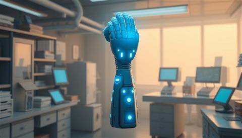 Soft 3D render of A futuristic humanoid robotic arm with glowing blue circuits in a high-tech laboratory, centered subject with a simple uncluttered composition, misty morning haze, dreamy, 16:9 aspect ratio