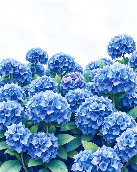 Watercolor illustration of Full bloom blue and purple hydrangea flowers growing lushly in a garden, wide shot with open space at the top for text, cool blue tones, quiet atmosphere, 4:5 aspect ratio