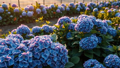 Photorealistic photo of Full bloom blue and purple hydrangea flowers growing lushly in a garden, high-angle view from above, warm golden light, calm mood, 16:9 aspect ratio
