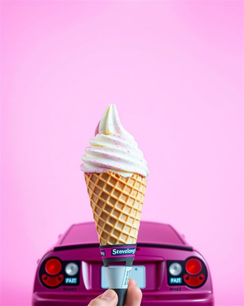 Cinematic film still of A colorful scoop of ice cream in a crispy waffle cone against a pastel pink background, wide shot with open space at the top for text, vivid colors, high contrast, energetic, 4:5 aspect ratio