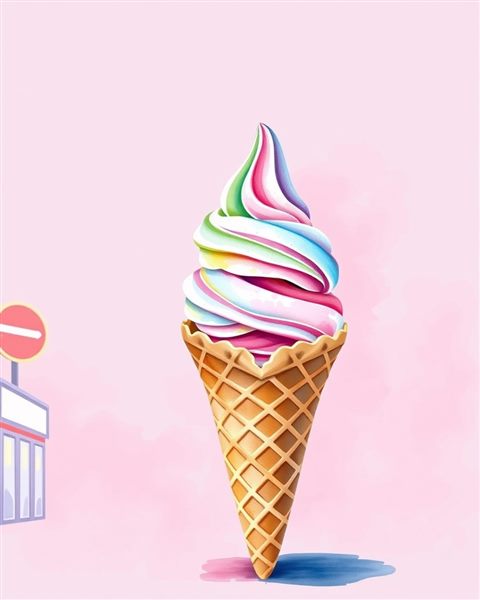 Watercolor illustration of A colorful scoop of ice cream in a crispy waffle cone against a pastel pink background, wide shot with open space at the top for text, cool blue tones, quiet atmosphere, 4:5 aspect ratio