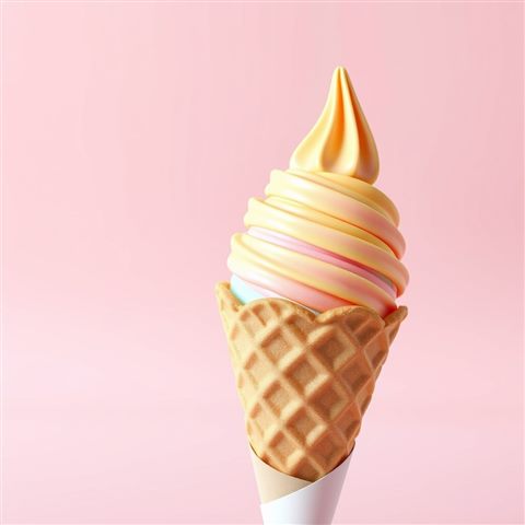 Soft 3D render of A colorful scoop of ice cream in a crispy waffle cone against a pastel pink background, close-up detail with shallow depth of field, misty morning haze, dreamy, 1:1 aspect ratio