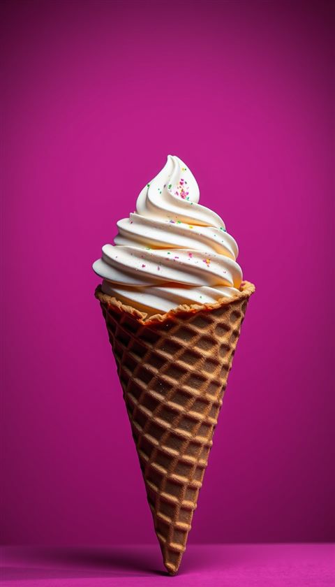 Photorealistic photo of A colorful scoop of ice cream in a crispy waffle cone against a pastel pink background, centered subject with a simple uncluttered composition, moody dark tones, dramatic lighting, 9:16 aspect ratio